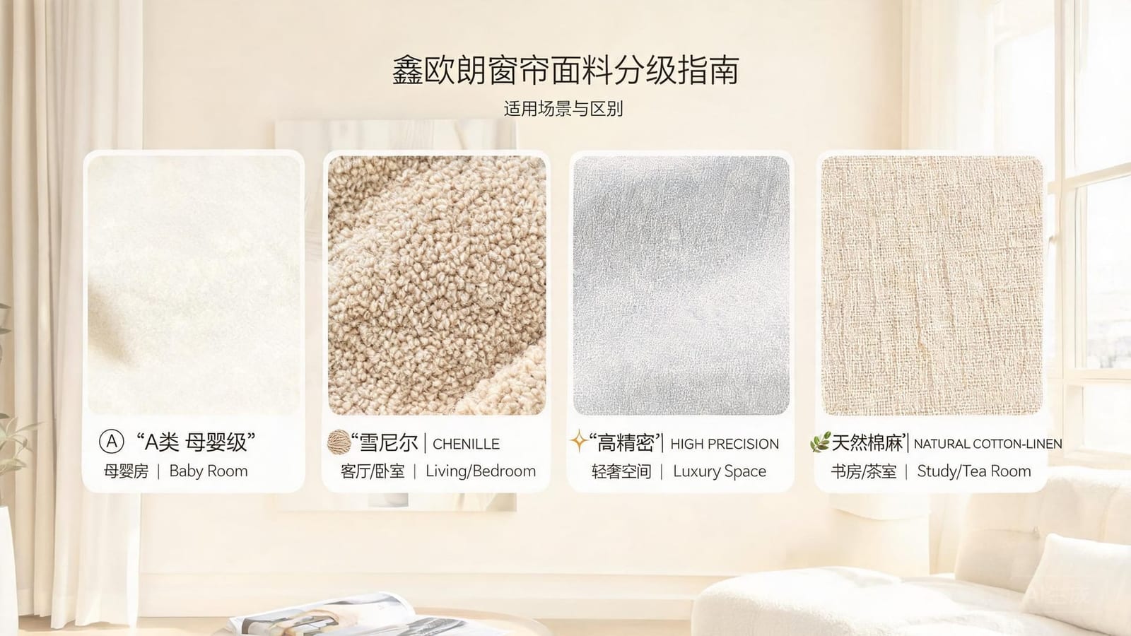 鑫欧朗窗帘面料分级指南|A类母婴级、雪尼尔、高精密、天然棉麻的适用场景与区别