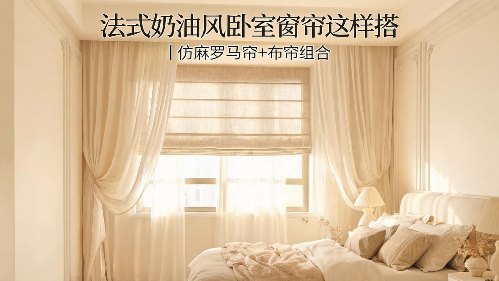 法式奶油风卧室窗帘这样搭|4套仿麻罗马帘+布帘组合,氛围感拉满