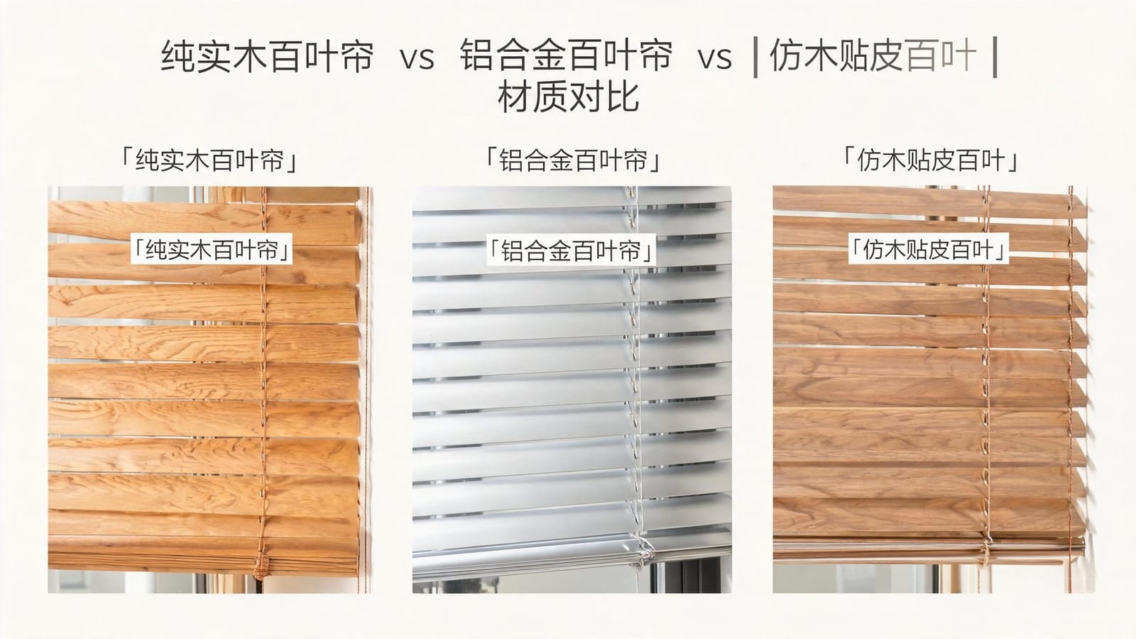 纯实木百叶帘 vs 铝合金百叶帘 vs 仿木贴皮百叶|材质、环保、价格、耐用寿命10年对比