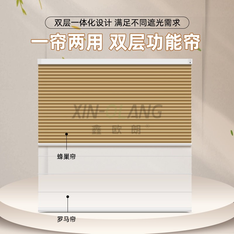 双层电动日夜蜂巢罗马帘 静音遮光窗帘 太阳能充电锂电池款电机 主图2
