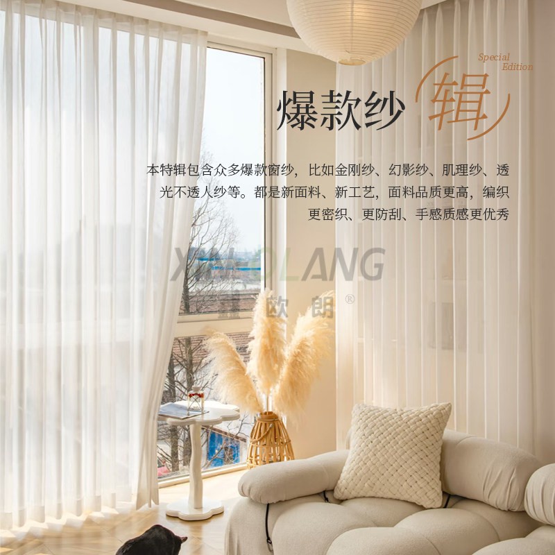 极简纱帘合集|透光不透人镜面幻影纱百叶纱防勾丝金刚纱帘定制 主图2